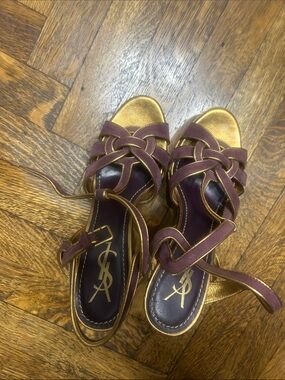 Saint Laurent Wine and Gold Braided Ankle-Tie Sandals